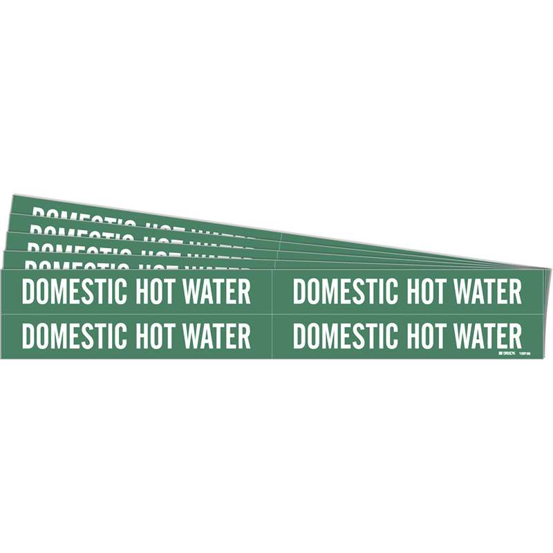 DOMESTIC HOT WATER Pipe Marker Style 4 Polyester White on Green 4 per Card, 5 PK